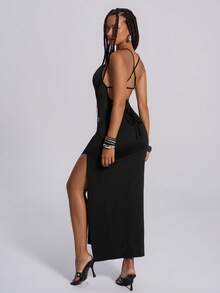 TypaGal Y2K Edgy Chic Urban Rebel Black Summer Seksi Chic Night Out Cowl Neck High Side Slit Metal Decoration Backless Women's Fashion Halter Dress - Black - View 2