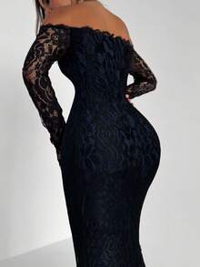 Aloruh 新款性感蕾丝露肩浪漫美人鱼长袖修身连衣裙，适合鸡尾酒会、约会之夜、情人节等场合。 - 藏蓝色 - 查看 2