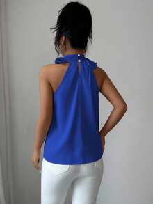Balvessa Women's Solid Color Ruffle Pleated Sleeveless Blouse, Intellectual And Elegant - Blue - View 2