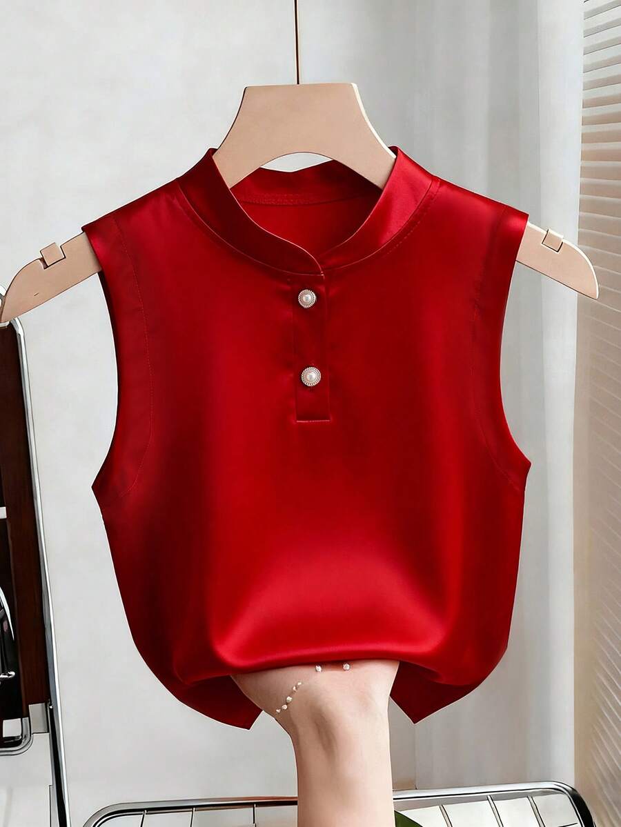 Franclia Elegant Women's Red Sleeveless Top With Stand Collar,Smooth Fabric Tank Top For Summer Party,New Year's Celebrations & Valentine's Day - Red - View 1