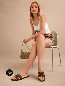 SHUZIA 宽版女式奢华风格露趾露趾简约棕榈印花PU深橄榄色拖鞋 - 加大码舒适