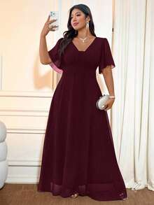 Cravure Robe maxi évasée élégante et décontractée en mousseline de soie froncée à manches courtes avec lien à la taille, polyvalente pour le printemps, l'été et l'automne, noire, grande taille - Rouge foncé - Voir 5