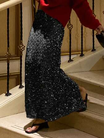 Livesso Gonna elegante da festa con paillettes di colore unito, adatta per donne in occasioni come Capodanno e Natale