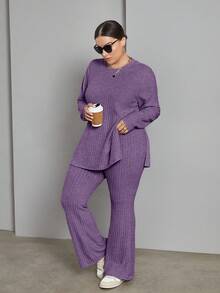 SHEIN Essnce 大码女装秋冬休闲宽松舒适杏色保暖磨毛长袖套头T恤和长裤两件套，秋季女装，裤装套装，套装，机场穿搭，冬季套装，毛绒套装 - 紫色 - 查看 1