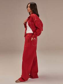 Athîral Women's Red Jeans, Denim Jacket, Red Trousers, Casual Style Trousers, Elastic Waistband, Loose Fit, Women's Christmas Outfits, New Year's Outfits, Women's Winter Outfits, Valentine's Day Outfits - Red - View 5