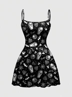 Gothic Coffin, Bat, Eyeball, Dark Lock Print Camisole Nightgown, Casual Sleepwear