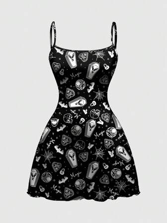 Gothic Sarg, Fledermaus, Augapfel, dunkler Schloss Muster Trägerhemd Nachthemd, lässige Nachtwäsche