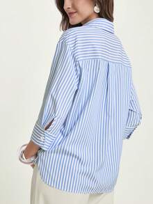 CAJUNI 女式条纹七分袖单排扣休闲宽松衬衫 - 藍色 - 查看 7