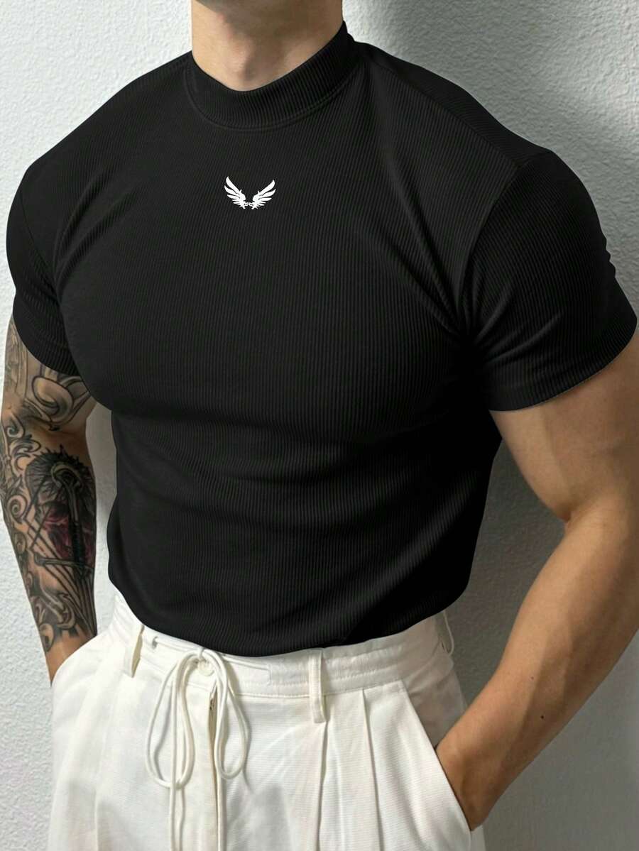 Manfinity Sport PWRUP Men's Casual Wing Print Short Sleeve Sports T-Shirt, Summer - Black - View 1