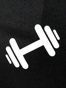 Manfinity Sport Polished 男士杠铃印花休闲健身运动黑色背心，透气吸汗，舒适简约设计，无袖，适合锻炼训练，健身房上衣，男士健身背心，肌肉背心，无袖健身服