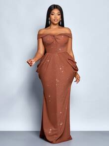 SOLERSUN 大码女装秋冬装高端简约优雅性感通勤女士秋冬装派对外出服装、多样性结、万圣节、圣诞节、舞会礼服、长裙、派对礼服、闪亮礼服、橙咖啡闪亮面料、女士奢华晚礼服 - 鏽棕色 - 查看 5