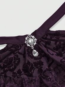 ROMWE Áo cánh nữ tay bèo nhún chuông phong cách Gothic cổ điển có thể tháo rời, cổ áo buộc bèo nhún, mặt dây chuyền pha lê Baroque - Màu tím - Xem 3