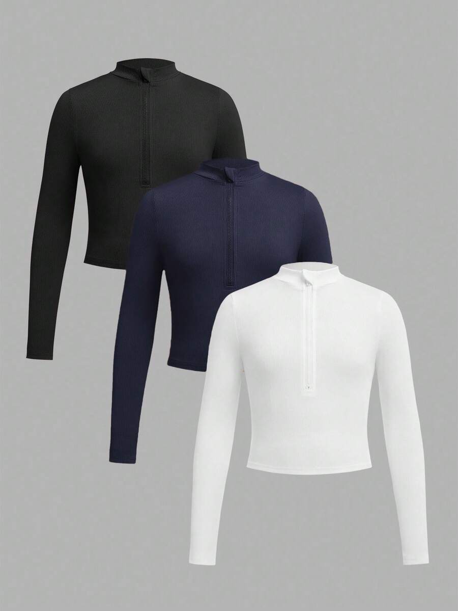 SHEIN Girlism 少女纯色白色米色黑色三件套休闲拉链高领罗纹长袖T恤套装,适合秋冬季节,日常休闲穿着,非常适合休闲、日常穿着和上学穿着。 - 藏蓝色 - 查看 1