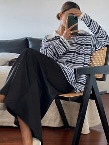 Livesso 女士高领荷叶边条纹T恤，秋冬长袖 - 藍色 - 查看 4