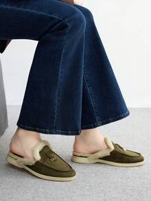 CUCCOO BIZCHIC 女士时尚橄榄绿色绒面革舒适厚人造毛皮一脚蹬穆勒鞋，休闲平底乐福鞋，适合户外、工作、日常穿着 - 綠色 - 查看 7