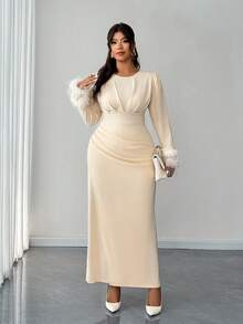 Elenzga Đầm dự tiệc tay dài cổ tròn, eo thắt nơ, viền bèo nhún cỡ lớn dành cho nữ, thanh lịch, lãng mạn, tinh tế, dự tiệc, năm mới, ngày lễ, khách dự tiệc cưới, thu/đông - Màu be - Xem 2