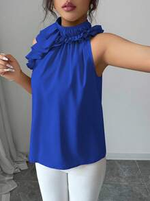 Balvessa Women's Solid Color Ruffle Pleated Sleeveless Blouse, Intellectual And Elegant - Blue - View 4
