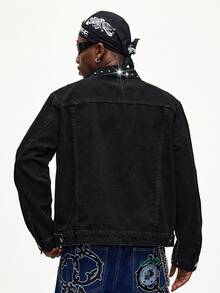 ROMWE MEN Men's Turndown Collar Single-Breasted Rivet Decor Fashion Versatile Denim Jacket - Black - View 3