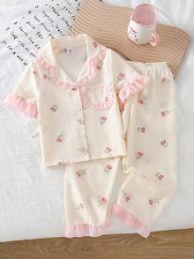 Girls Ditsy Floral Lapel Collar Long Sleeve Pants Pajama Set - Multicolor - View 1