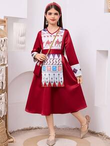 SHEIN Robe élégante de Ramadan pour préadolescentes avec sac - Rouge - Voir 5