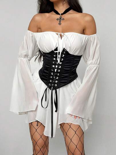 Coolane Women's Spring/Summer Goth Punk Date Night Y2K Off-Shoulder Flare Sleeve Contrast Color Patchwork Criss-Cross Tie Hem White Mini Dress