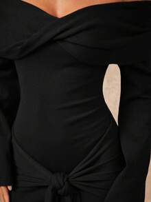 Lumalex Off-Shoulder Flare Sleeve Waist Cinched Ruched Tie-Knot Maxi Sweater Dress For Women - Black - View 3