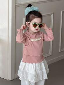 DAZY Baby Girls 2 In 1 Solid Color Lace Patchwork Cute Sweet Long Sleeve Top Toddler Girls Clothes - Pink - View 7