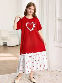 Girls' Heart Print Patchwork Print Dress - Red - View 5