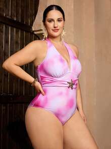 Swim Oasis مجموعة بحر للمرأة ذات الحجم الكبير 2 قطعة، بدلة سباحة بطبعة عشوائية مربوطة بالصبغة مع زخرفة معدنية بشكل نجمة البحر، وتنورة شبكية مطبوعة مناسبة للصيف والعطلات الشاطئية - متعدد الألوان - مشاهدة 5