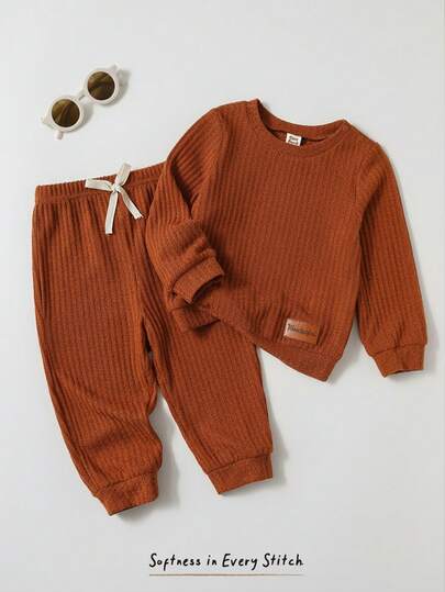 Cozy Pixies Newborn Baby Round Neck Long Sleeve Top And Elastic Waist Bow Decor Pants Loose Casual Daily Outfit Set