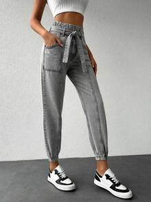 EURMUSE 100%Cotton Paperbag Waist Jogger Jeans - Grey - View 5