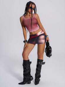 TypaGal Y2K Edgy Chic Urban Bold Modern Rebel Sparkle Wild Sexy Stylish New Year Winter Summer Red Portrait Print Knitted Slim-Fit Pencil Skirt Women's Fashion Sexy Tie-Dye Print Low Waist Mini Skirt