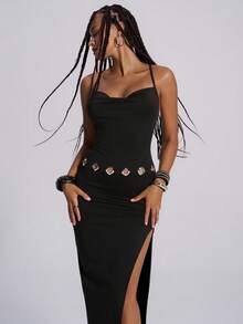 TypaGal Y2K Edgy Chic Urban Rebel Black Summer Seksi Chic Night Out Cowl Neck High Side Slit Metal Decoration Backless Women's Fashion Halter Dress - Black - View 1