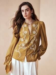 Arave Women's VISCOSE Fabric, V-Neck With Notched Details, Ruffled Edges, Straight Shoulders, Long Sleeves, Gathered Details, Full-Row Button Embroidery Design, Casual Everyday Regular Shirt New Year - Olive Green - View 4