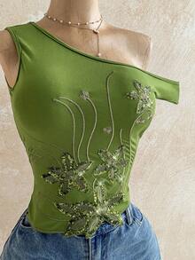 Soleia Áo nữ đính sequin thêu họa tiết, vạt áo bất đối xứng, ôm sát, thích hợp cho tiệc tùng, Giáng sinh, hẹn hò, hộp đêm, phong cách Bohemian, Boho, kỳ nghỉ, mùa thu, áo vintage đi chơi, áo sequin, áo màu xanh lá cây, sang trọng cho nữ, thanh lịch, năm mới. - xanh quân đội - Xem 3