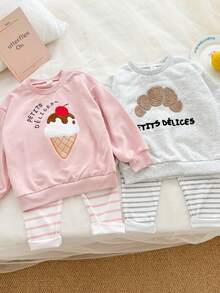 Genkimix Kids Set de 2 piezas/4 piezas Sudadera holgada con bordado de helado de dibujos animados coreanos lindos + Leggings ajustados a rayas, combinación de rosa y gris, uso versátil diario para otoño para niña joven - Rosa - Ver 6