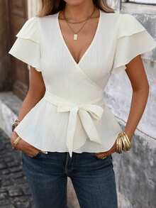 SHEIN LUNE Women's Elegant V-Neck Ruffle Sleeve Tie Waist Cropped Top, Beige, Spring/Summer - Beige - View 3