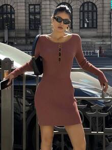 DAZY Women's Solid Color Round Neck Long Sleeve Button Design Fitted Knit Dress - Burgundy - View 7