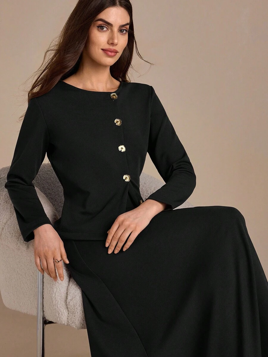 Women, Autumnn, Long Sleeve, Two Set, Top, Skirt, Split, - Black - View 1