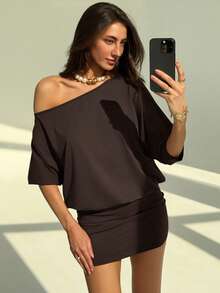 Aloruh Women's Solid Color Backless Asymmetric Shoulder Long Dress ,Summer Dress - Coffee - View 6