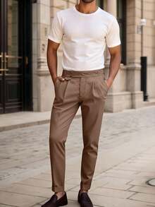 Calvornis Men Buckled Detail Slant Pocket Suit Pants - Brown - View 5