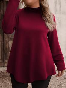 EMERY ROSE Women's Plus Size Asymmetrical Hem Soft Knit Turtleneck T-Shirt, Fashionable For Autumn/Winter - Burgundy - View 6