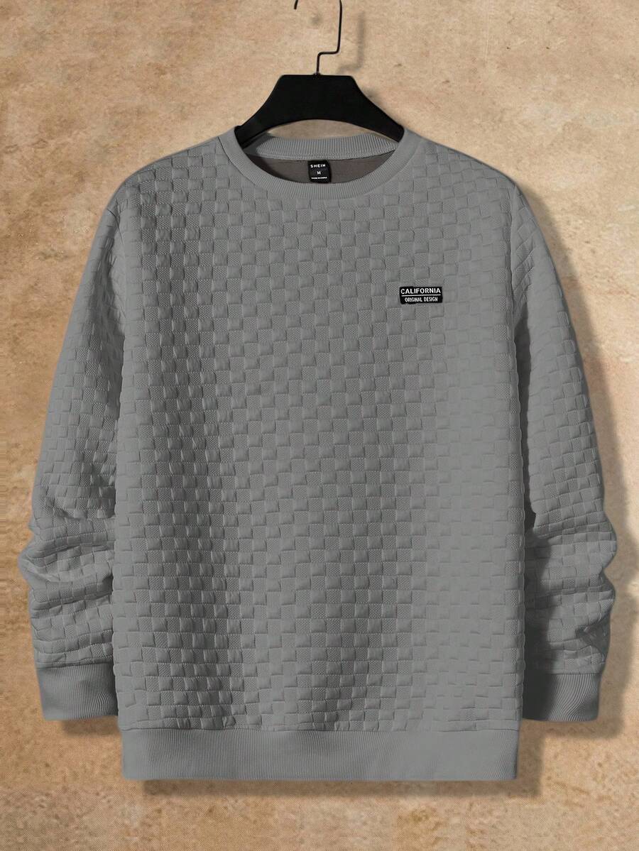 HIMLAND Men's Letter Graphic Long Sleeve Casual Knit Crew Neck Pullover Sweatshirt Waffle Knit Long Sleeve Grey Jersey Grey Sweatshirt Grey Sweater Men Men Long Sleeve Knit - Grey - View 1