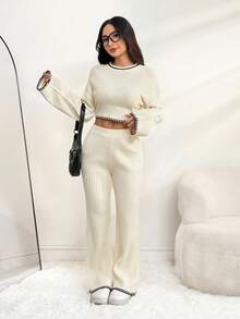 SHEIN PETITE Bộ 2 áo len thường ngày cho nữ kèm áo cổ tròn dài tay viền tương phản và quần dài, trang phục mùa thu cho nữ - Màu be - Xem 10