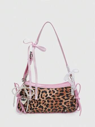 Kawaii Women's Retro Ballet Style Butterfly Decor Chain Leopard Print Faux Pearl Lace Decor Shoulder/Underarm Baguette Bag, Shoulder Bag, Animal Print Women Bag, Fall Winter Fashionable Cheetah Print Purse For Women, New Fall Winter Tiger Print Bag For Women