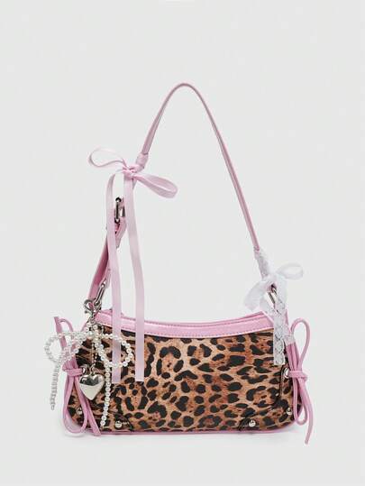 Kawaii Sac à bandoulière/sac aisselle style ballerine rétro pour femmes, avec décoration de chaîne, imprimé léopard et faux perles. Sac à main femme imprimé animal pour l'automne-hiver. Nouveau sac femme imprimé tigre pour l'automne-hiver