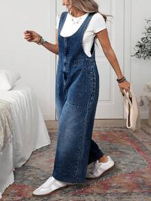 EMERY ROSE 大码女式宽松休闲牛仔连体裤，带口袋 - 霧霾藍 - 查看 6