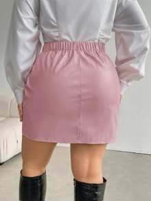 Firerie Váy ngắn da PU thanh lịch cỡ lớn cho nữ có đường xẻ bên hông, thoải mái và dễ mặc cho mùa thu/đông - Hồng - Xem 2