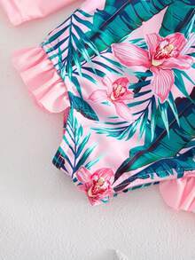 SHEIN 女婴碎花荷叶领插肩袖泳衣 - 粉色 - 查看 5