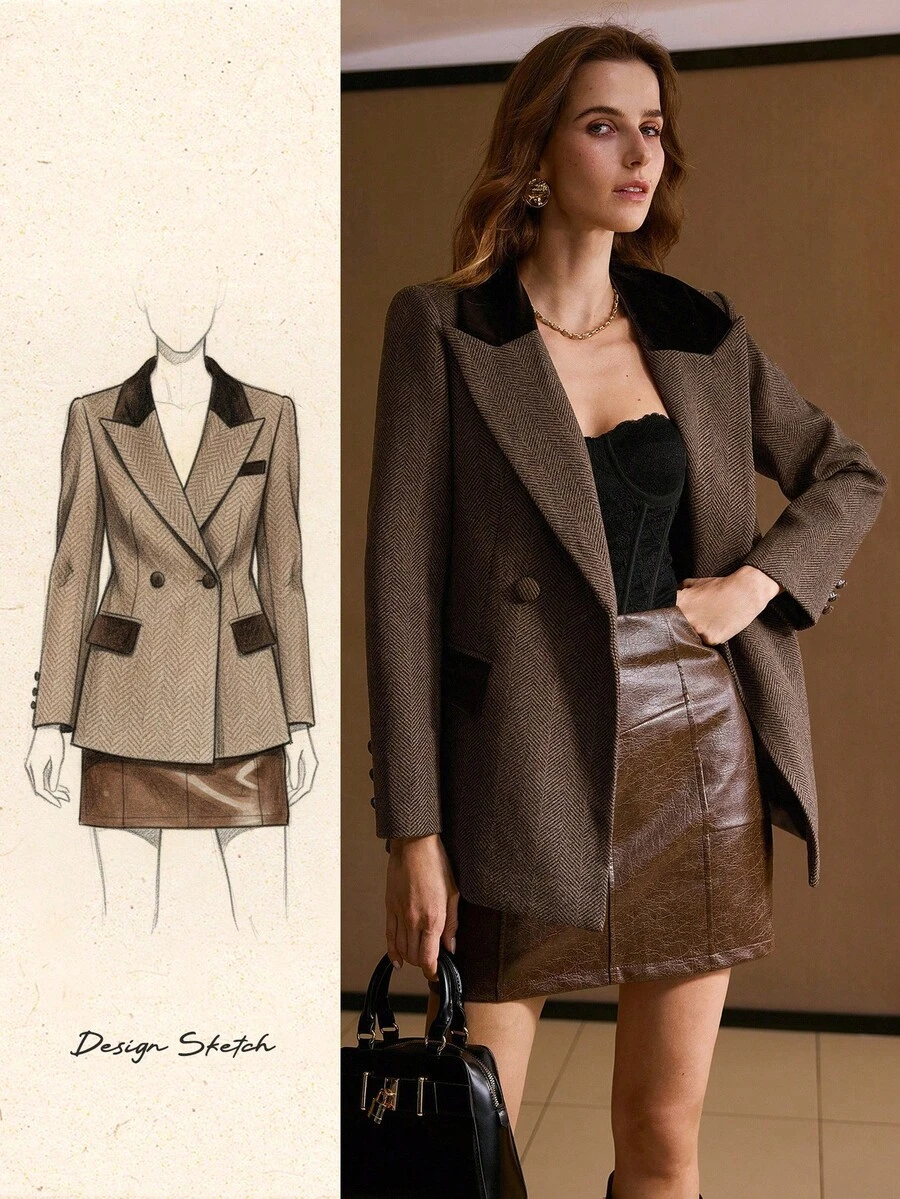 MOTF PREMIUM BRUN SILSBENSMÖNSK KAVAJ I SAMMET MED LAPPTÄCKNING I ULL - Brun - Visa 1